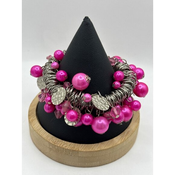 paparazzi Jewelry - Chunky Pink Pearl & Silver Coil Statement Charm Bracelet Paparazzi